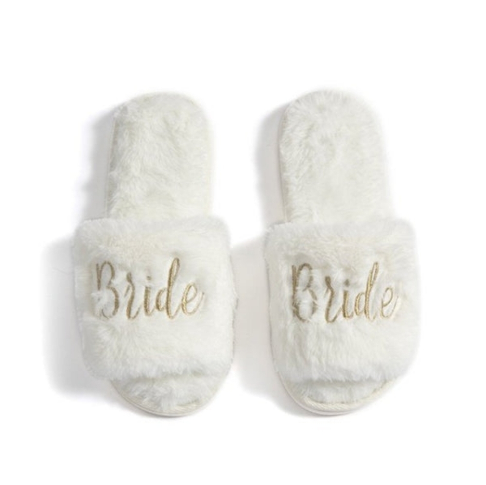 Shiraleah Cream Fuzzy Soft Bride In Gold Slippers 6-8